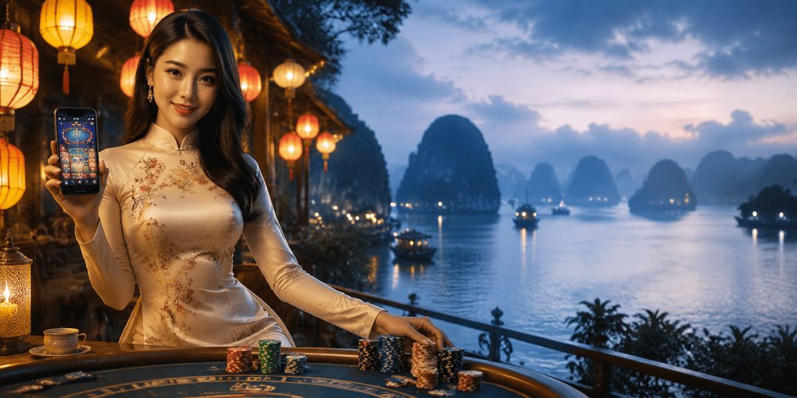 Người dùng trải nghiệm casino và xổ số trực tuyến trên điện thoại giữa phố đèn lồng Hội An